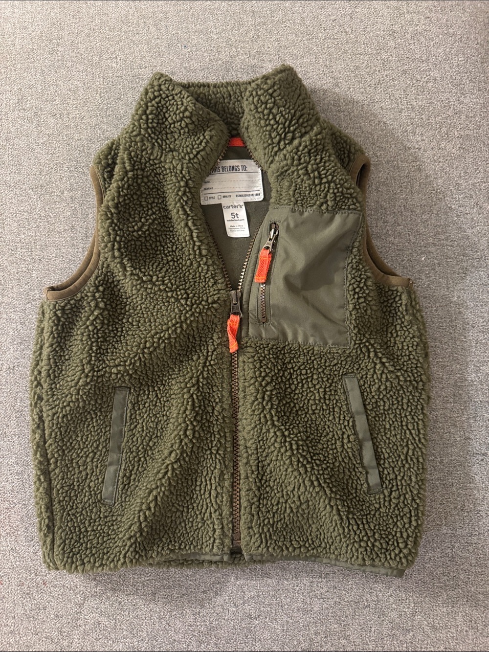 5/$15- Carter's Olive Green Sherpa Fleece Vest with Orange Zipper Accents